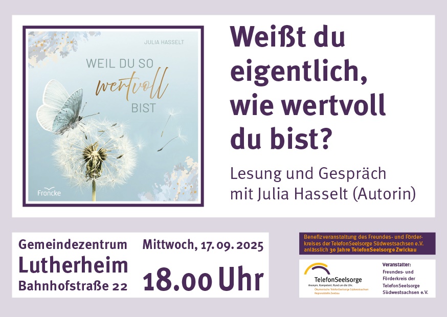 Veranstaltungshinweis Lesung Julia Hasselt 17. September 2025 ab 18 Uhr im Gemeindezentrum Lutherheim Zwickau